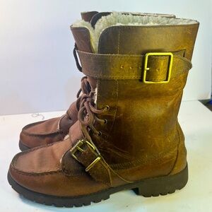 Ralph Lauren Women's Sz 7B Brown Oiled Leather Shearling Combat Boots